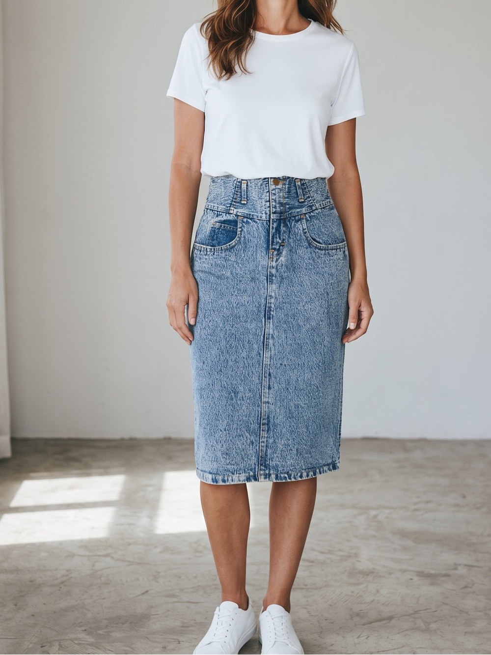 Vintage 80s Denim High-Waisted Cowgir Midi Pencil Skirt Butter mom Retro